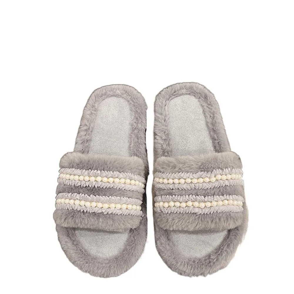 

Casual Thick Sole Pearl Plush Slippers Fluffy Indoor Outdoor Warm Fur Slippers Non-Slip Winter Y2k Leopard Slippers Women