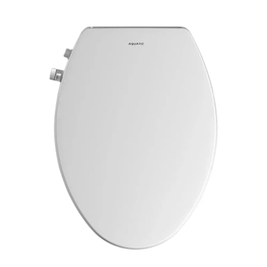 

Elongated bidet toilet seat for bathroom use, ABS plastic material, white color, soft-close lid and self-cleaning dual nozzles