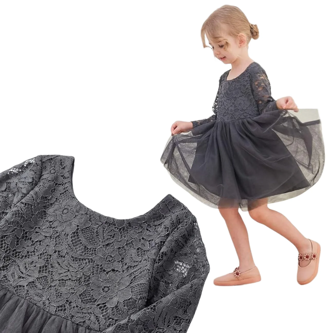 Mädchen Tüll-Spitzenkleid Grau Langarm 90 cm Elegantes Hochzeits-Business-Tutu Tauf-Geburtstagskleid