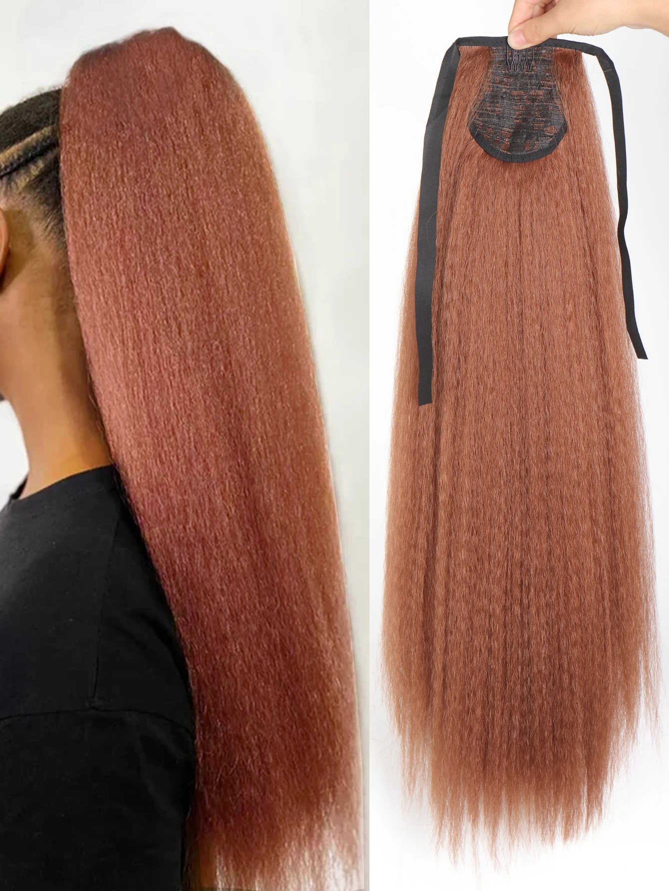 

Synthetic Long Straight Ponytail for Women 28 Inches Wrap Strap Yaki Straight Pony Tail Clip in Thick Kinky hair Extension hair