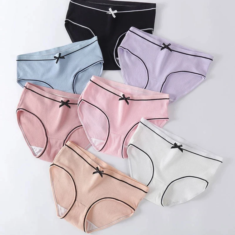 Threaded Girl Panites Solid Color Bow Women Cotton Kawaii Lingerie Sexy Underwear Cute Female Ladies Middle Waist Panties