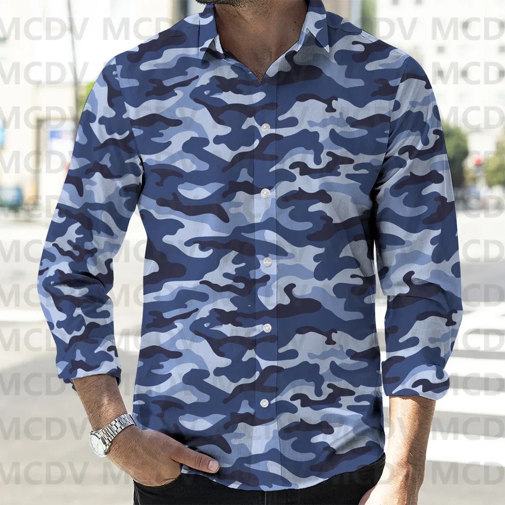 Men's Retro Camouflage 3D Printed Casual Long Sleeved Shirt Button Down Shirts Spring Mens Casual Lapel Shirt