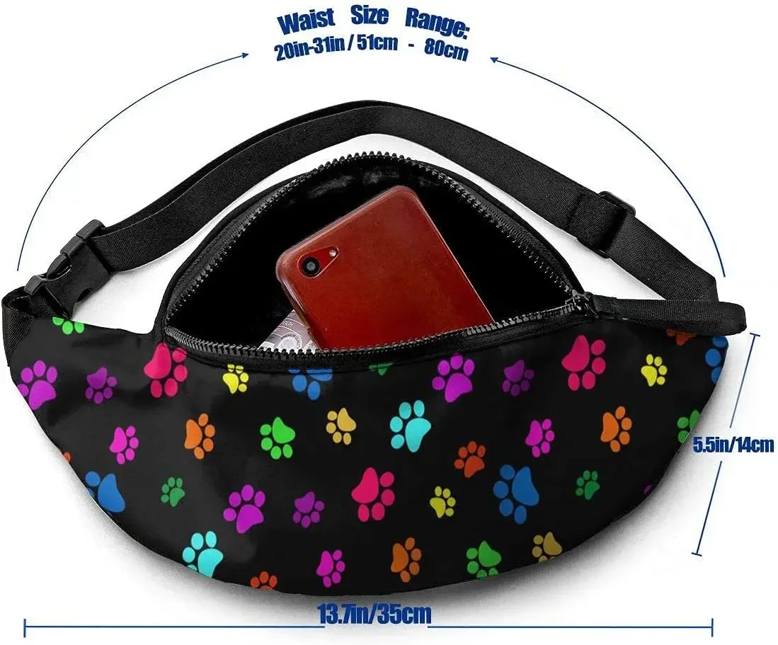 Colorful Dog Cat Paw Print Fanny Pack for Women MenWaist Bag Adjustable Belt Waist Pack for Travel Sports Running Hiking Cycling