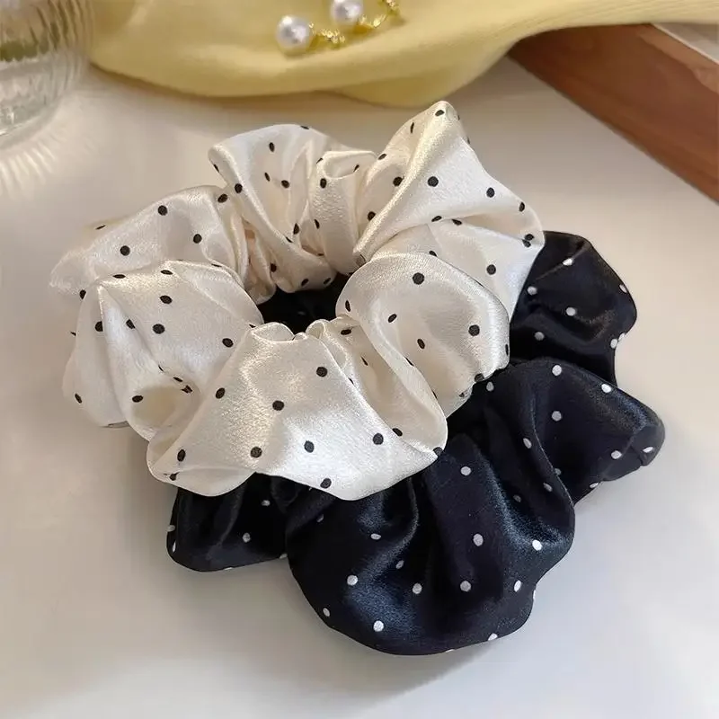 New Polka Dot Black And White Scrunchies, Large Hair Bands Elegant Hair Rope Ties Ponytail Holder Headwear For Women