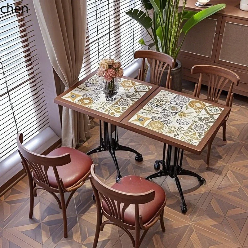 Retro Style Coffee Restaurant Table and Chair Set Vintage Tile Dining Chair Combination Commercial Square Table Long Table