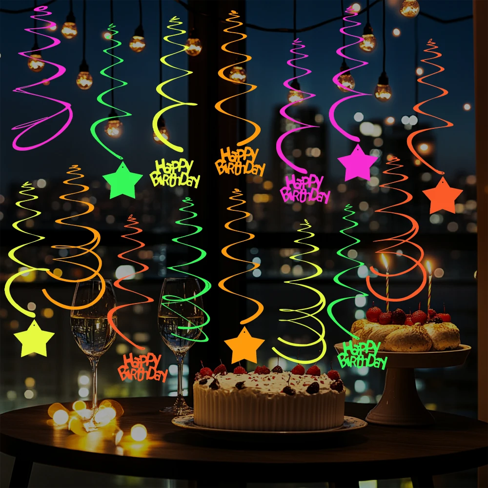 Decoración luminosa para colgar en forma de remolino para fiesta de cumpleaños, guirnalda de estrellas con letras de feliz cumpleaños, serpentinas que brillan en la oscuridad, suministros para fiesta de neón