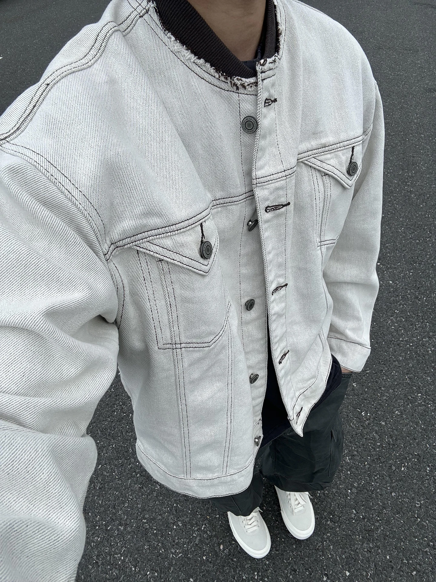 

White Ruffled Collar Denim Jaet Men's Sle Autumn American High Street Waed Vintage ort ape Jaet Youth Faion