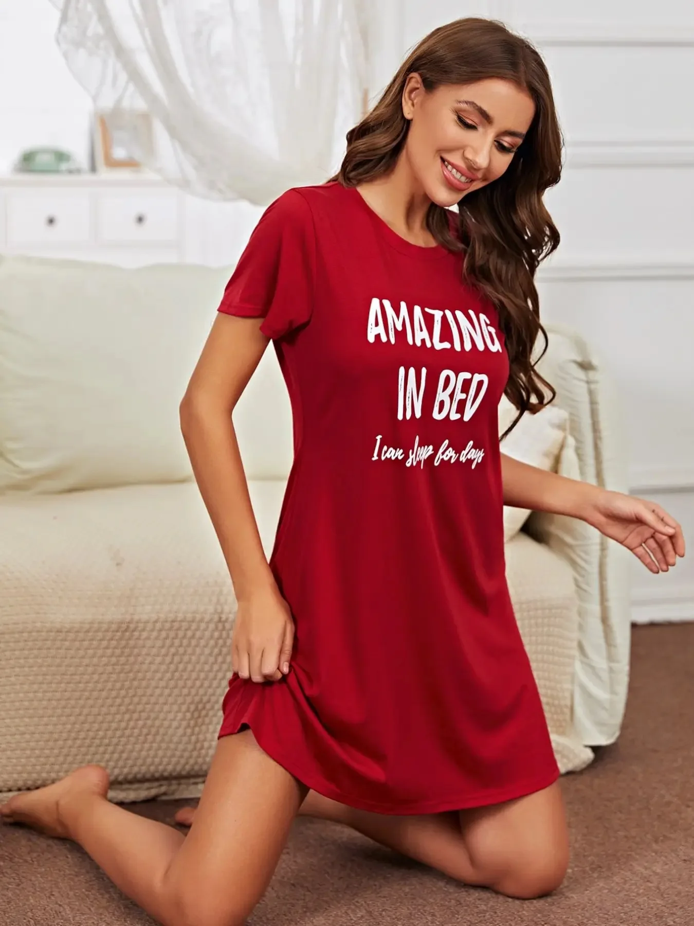 Letter  Print Red Nightdress Short Sleeve Round Neck Loose Fit  Sleep Dress  Women\'s Sleepwear & Dresses Pajamas Loungewear