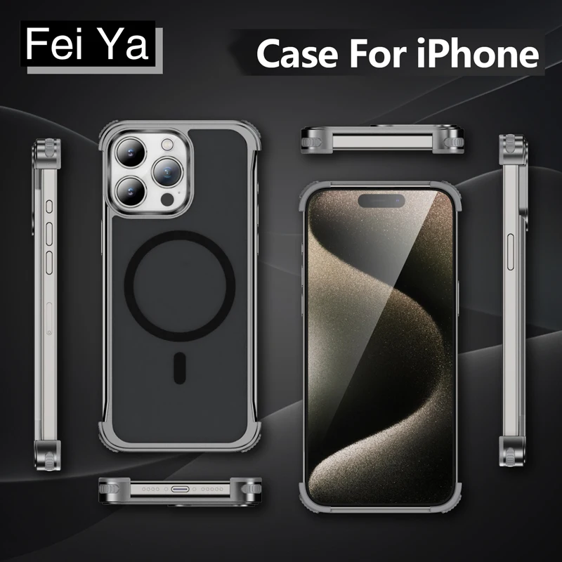 

High-end Magnetic business titanium alloy armor frameless series phone case for iPhone 16 15 14 13 12 Pro Max 14plus 16pro Cover