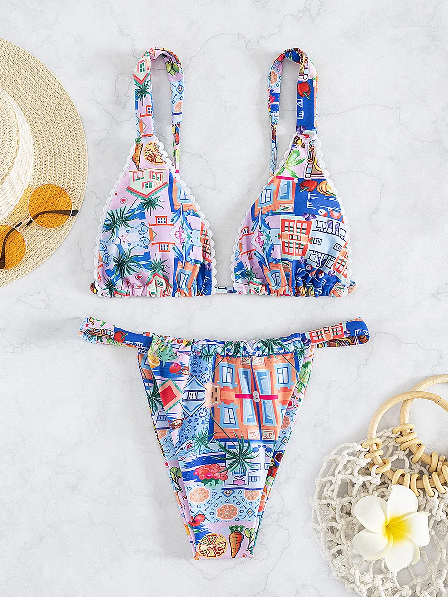 New Micro Bikini for Women Triangle Swimwear Bathing Suit Brazilian 2-Piece Folds Bikinis Set Print Push Up Swimsuit