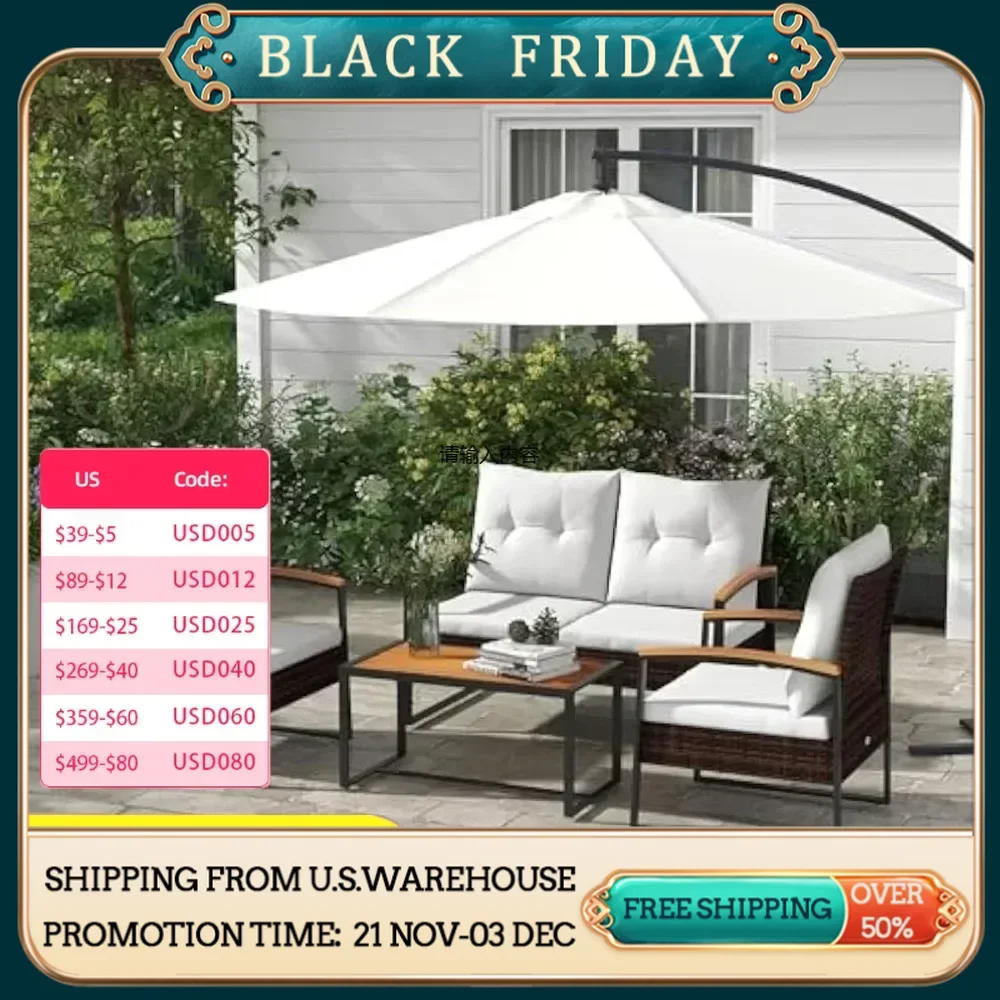 4 Piece Patio Furniture Set with 2 Chairs, Loveseat Sofa, Rattan Pattern, Tufted Cushions, Outdoor Set for Backyard, Lawn & Pool