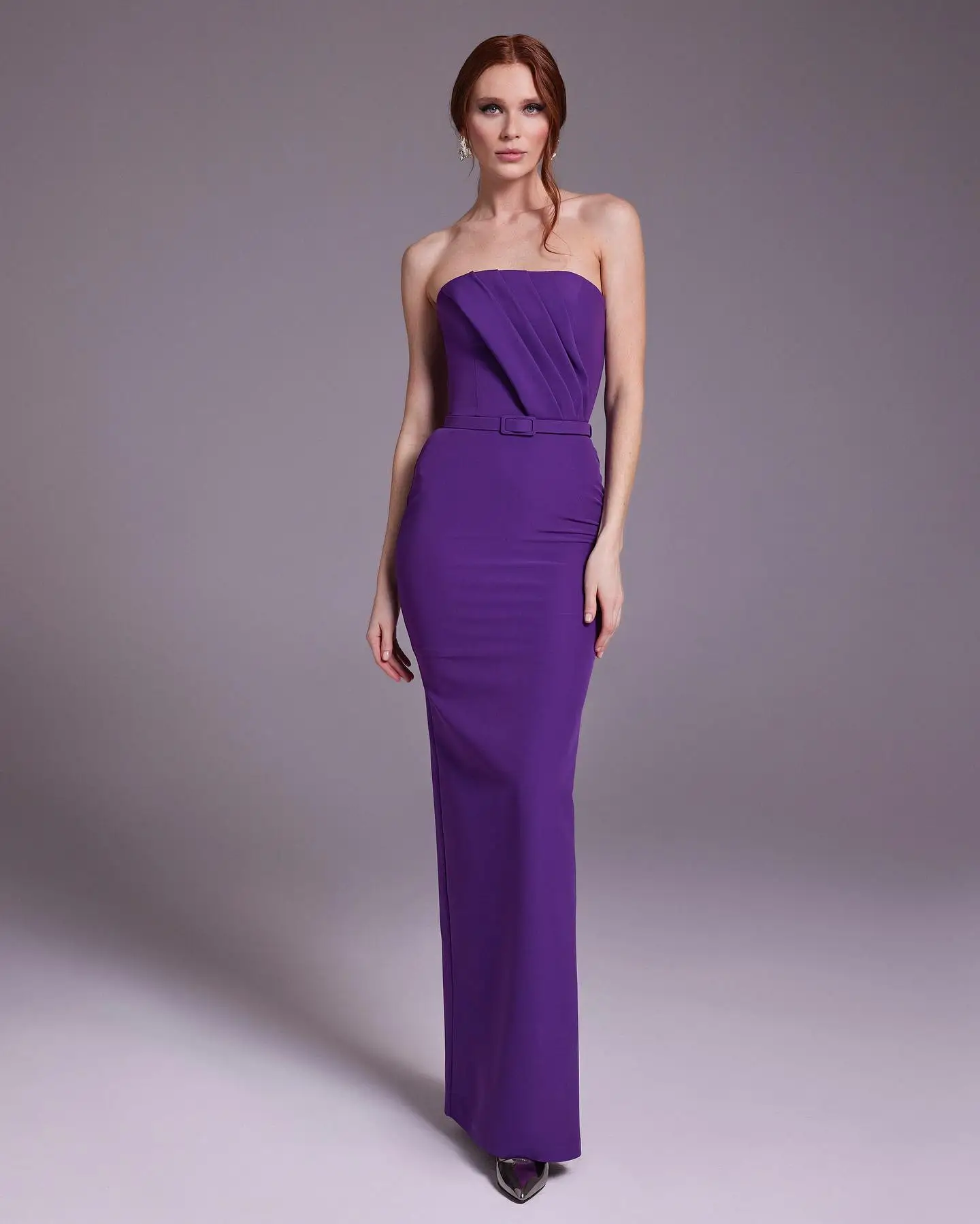 

Customized Modern Strapless Belt Sweep Train Evening Dress Temperament Jersey Zipper Back Pleats Purple Vestido De Festa