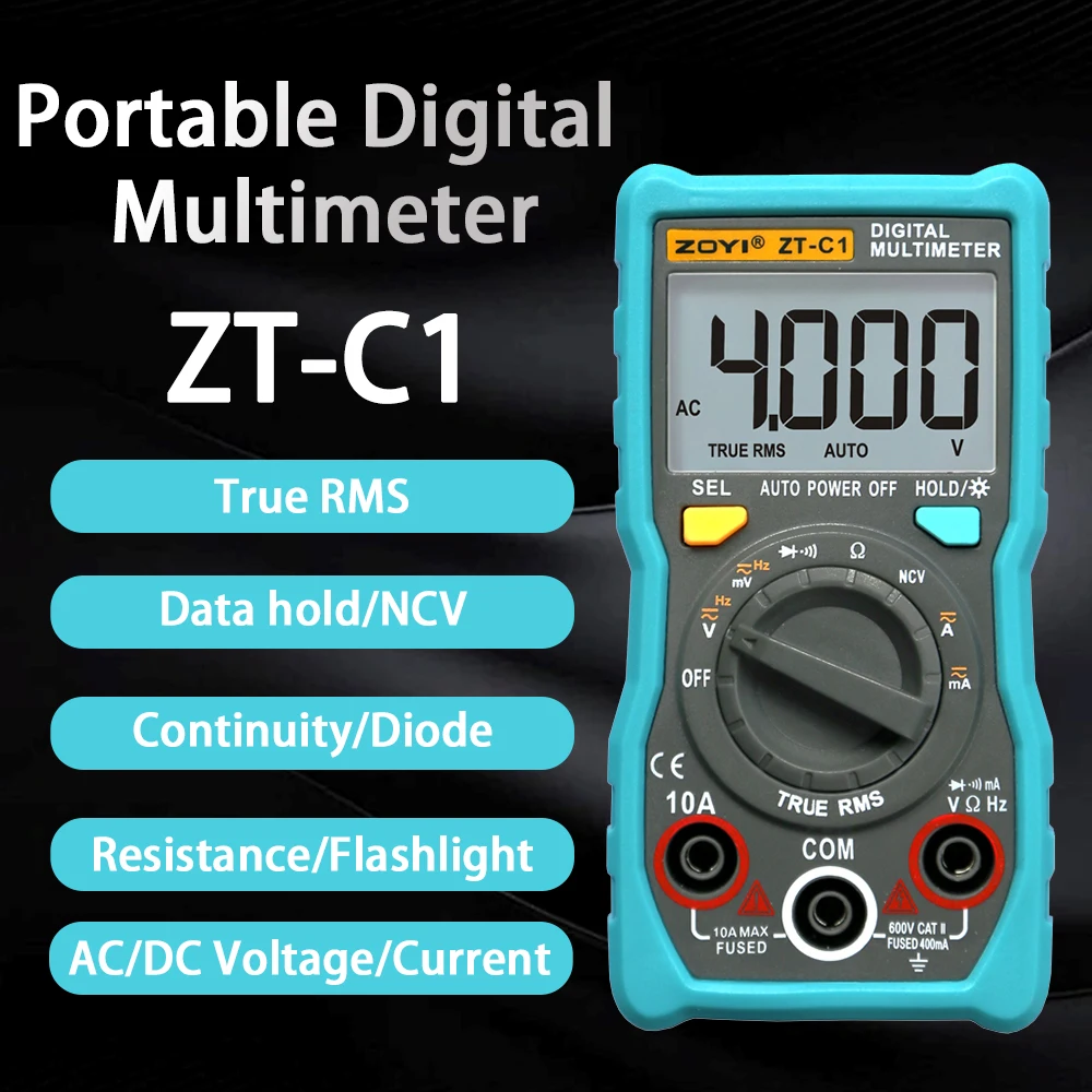 

Цифровой мультиметр ZOYI ZTC1, 4000 измерений, высокая точность, True RMS, автоматический выбор диапазона, амперметр, вольтметр, умный измеритель емкости, измерение температуры