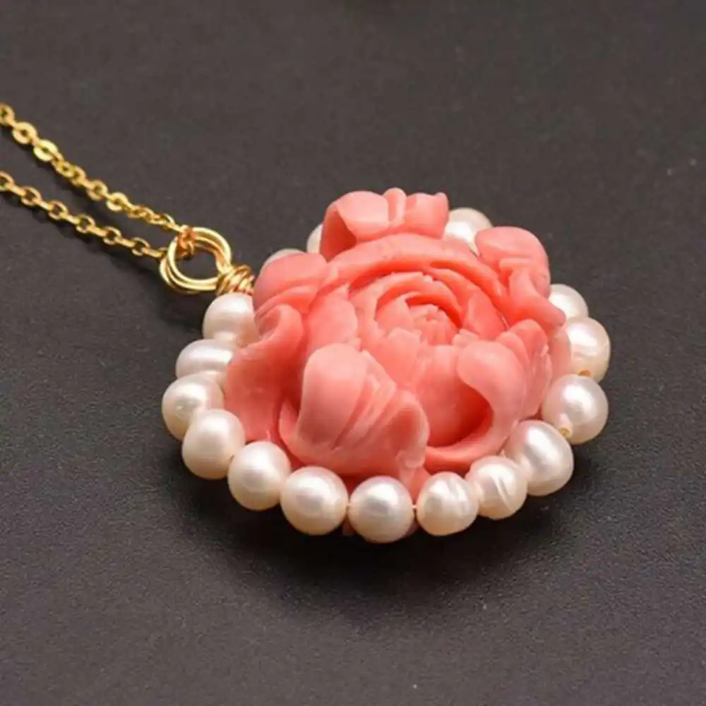 2022 New Natural Freshwater pearl pink coral flower pendant Crystal Reiki Chakra Jewelry Silver Beads Tibetan Energy Charm