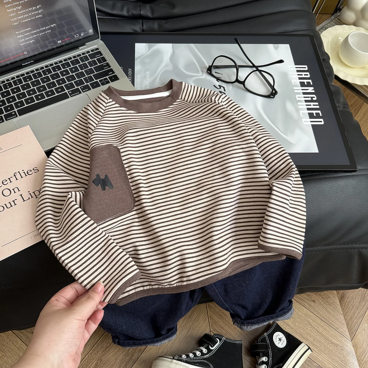 Bellbell Autumn Children Boys Tee 2-12Y Kids Boys Striped Long Sleeve Undershirts Cartoon Patched Pocket Babys Boy Pullovers Top