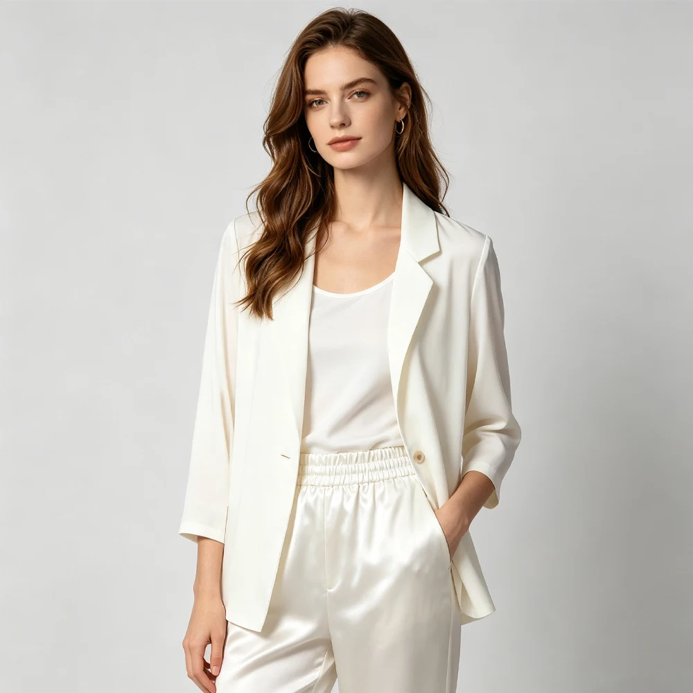 2026 Women's Fashion Spring/Summer Clothing 19MM 93% Natural Mulberry Silk Elastic Double Qiao Solid Three-quarter Sleeve Suit