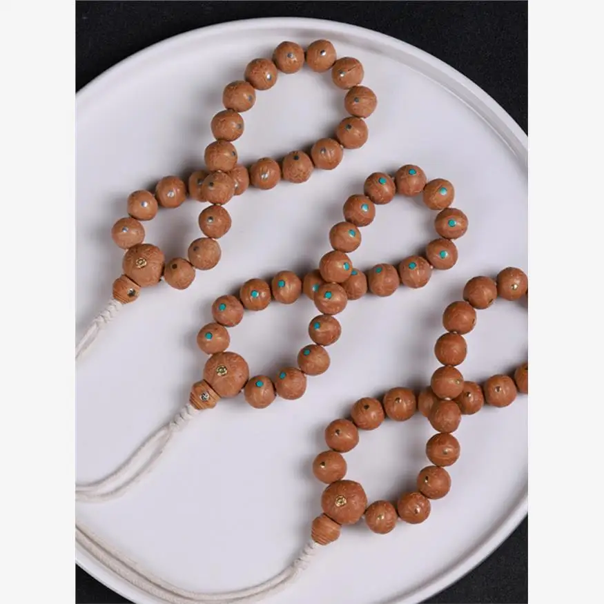 Chinese Style 12mm Natural Nepalese Phoenix Eye Bodhi Seed Inlaid Copper Turquoise Single Strand Bracelet Lucky Blessing Wealth