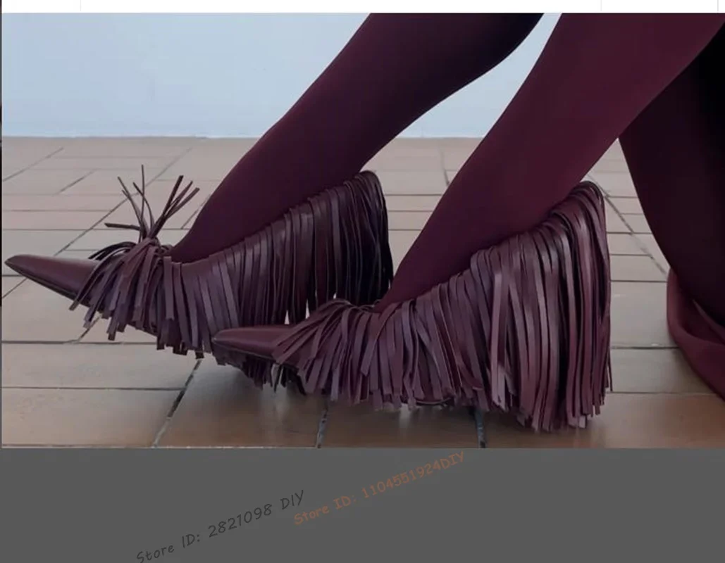 Vin rouge cuir gland mince talon aiguille bout pointu pompes femmes frange mode chaussures de fête