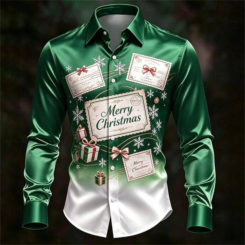 New men's Christmas shirt cartoon Santa Claus reindeer gift box snowflake print slim fit trendy men's shirt