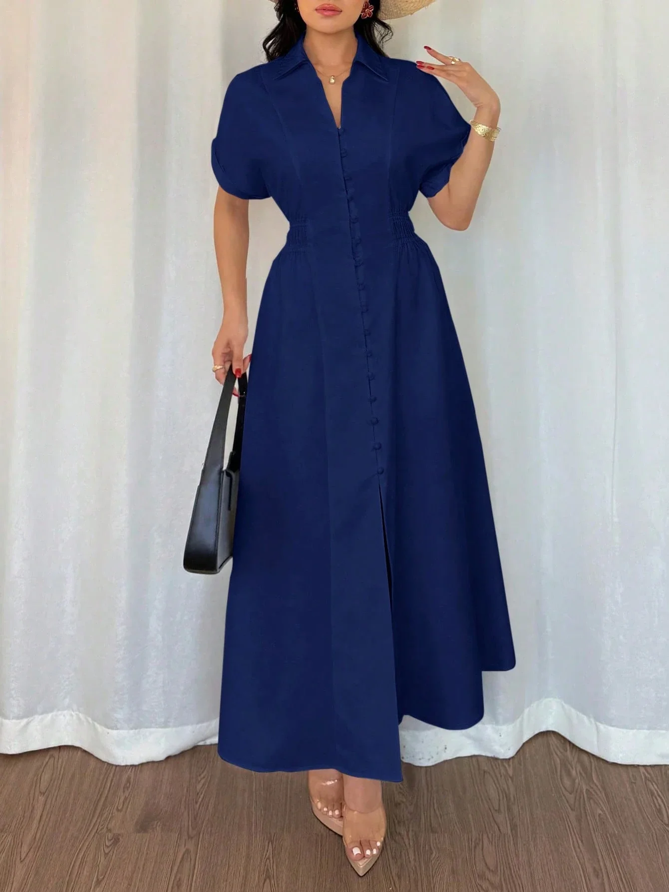 

Женское повседневное платье-рубашка с пуговицами спереди, пышными рукавами и завязками на талии