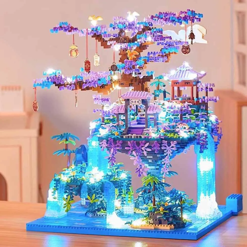MOC Forest Lakes Tree Castle House Building Blocks Set Waterfall With Light DIY Toys For Children Birthday Holiday Special Gifts