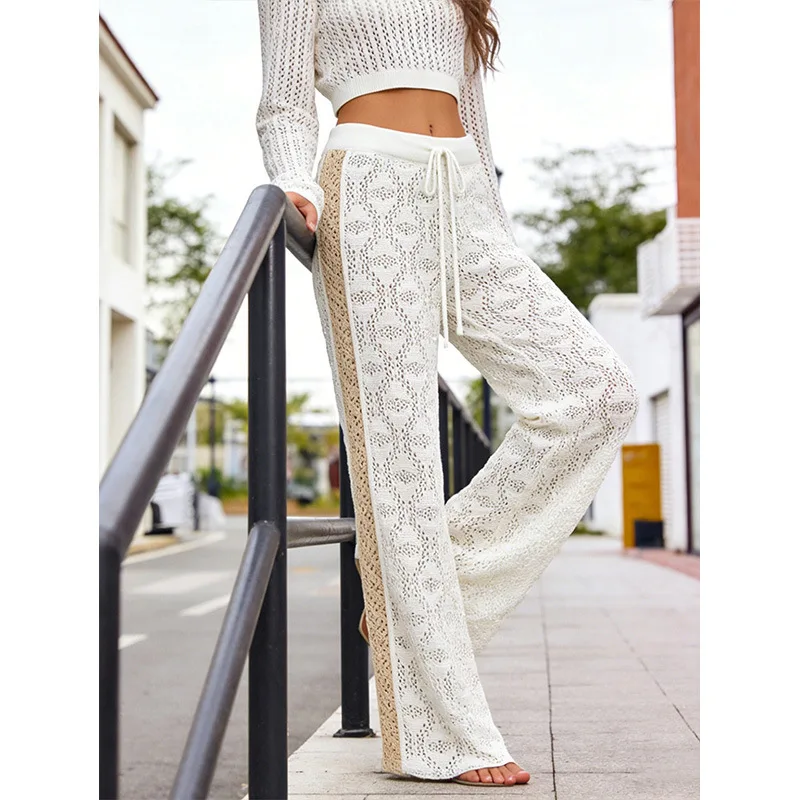 

Wide Leg Pants Women Ice Silk Knitted Drawstring Straight Leg Casual High Street Sexy Loose New Versatile Solid Color Trousers