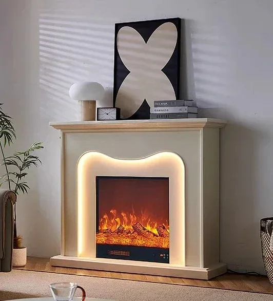 1.2M French Fireplace Curio Cabinet Ins Style Solid Wood Entrance Cabinet Home Heating LED Light Background Wall