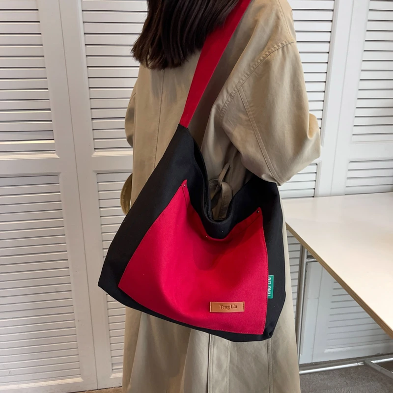 Contrast Color Canvas Bags For Women INS Shoulder Crossbody Bag Zipper Shopping Eco Bag Korean Messenger Bag Y2K Large Handbags