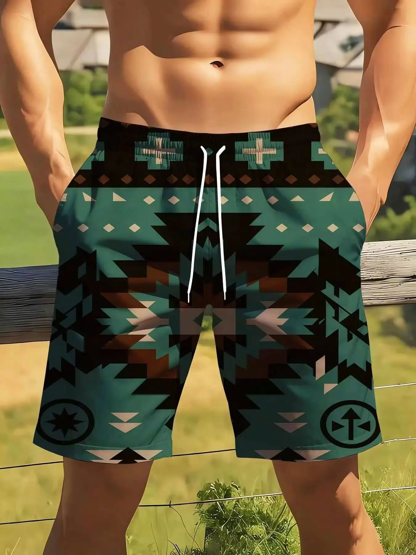 

Geometric Pattern Swim Trunks For Men With Drawstring Waist Big Size Suitable For Casual And Sports Wear Print Beach Shorts For Men W