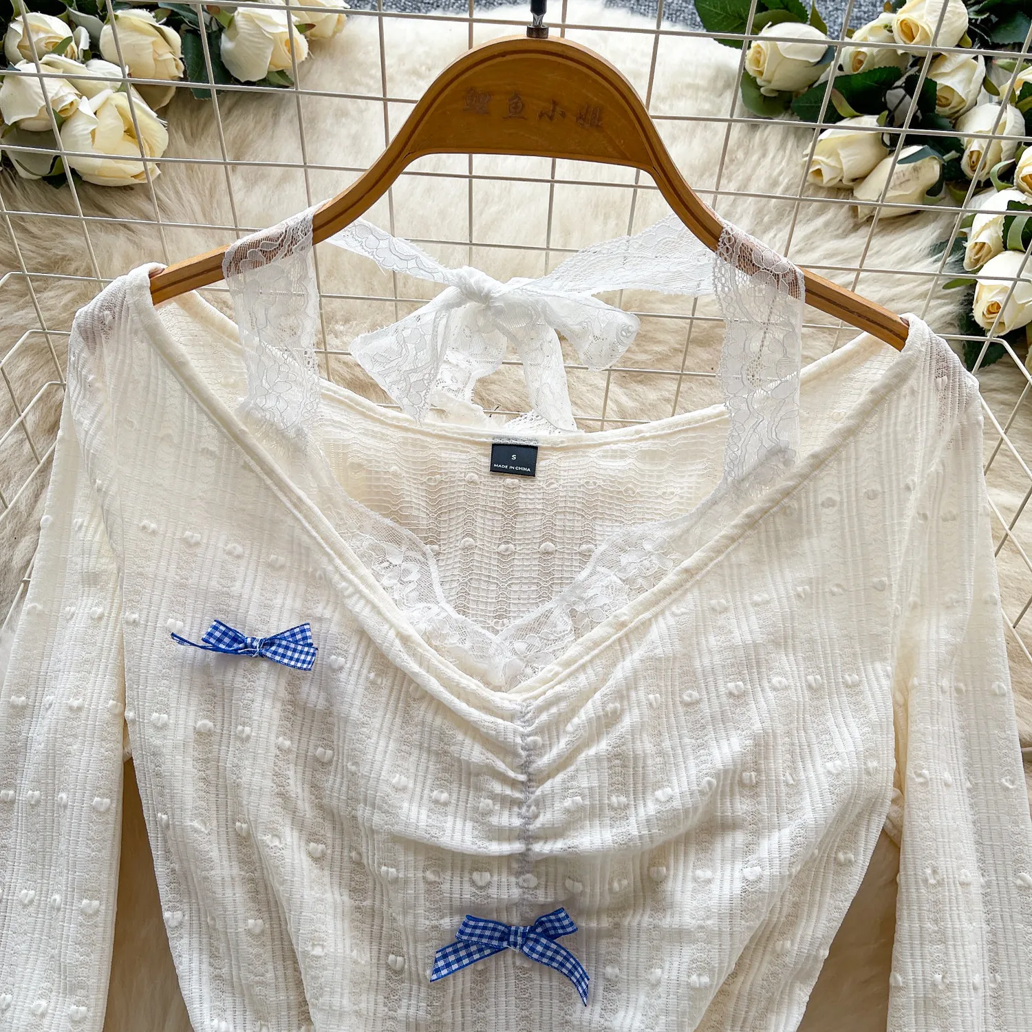 Bow Lace Splicing Long Sleeve Tops for Women 2026 Spring Korean Style Loose Lace-up Pullover Waist-cinching Fake Two-piece Tops