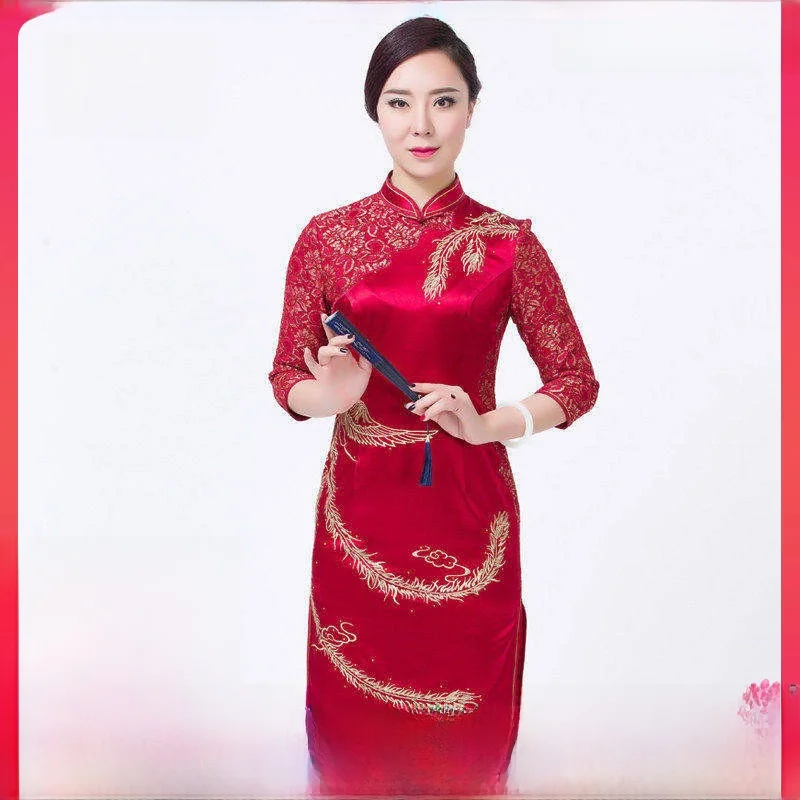 

Chinese Sle Mid-Length Svel Wedding Dr Tao Yumei Reformed Qipao Low Slit for Women's Par And Banquet