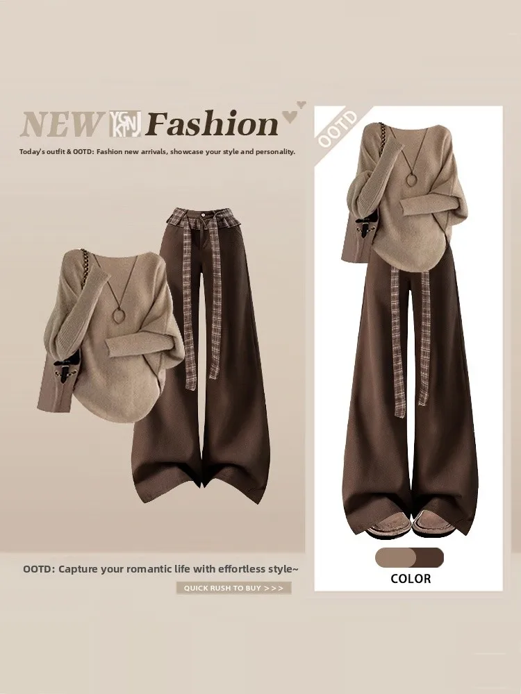 Plus Size Maglione lavorato a maglia invernale Pantaloni a gamba larga a vita alta Set da due pezzi rotondo Ne Splicing Plaid Faion Donna matura Ens...