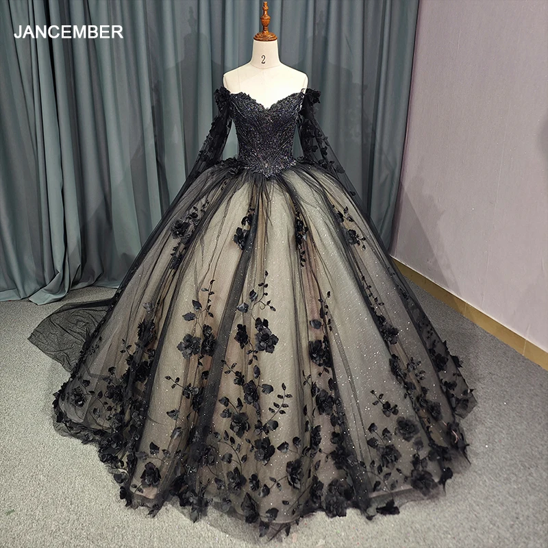 Black Sweetheart Quinceanera Dresses Ball Gown Off The Shoulder Tulle Organza Beads Crystal Cape Sleeve vestidos de quinceañera