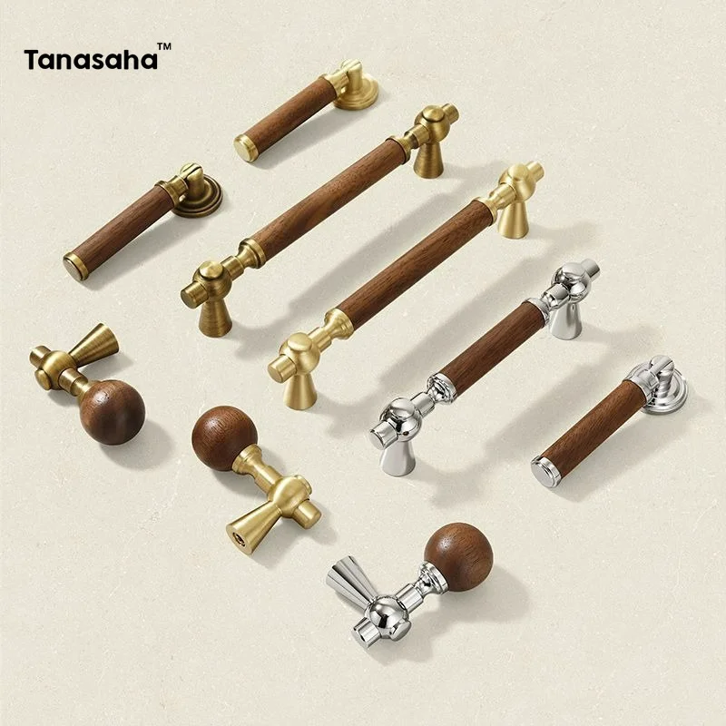 Walnut Cabinet Handles Brass Kitchen Cupboard Door Pulls Wooden Drawer Knobs Wardrobe Door Knob Furniture Hardware