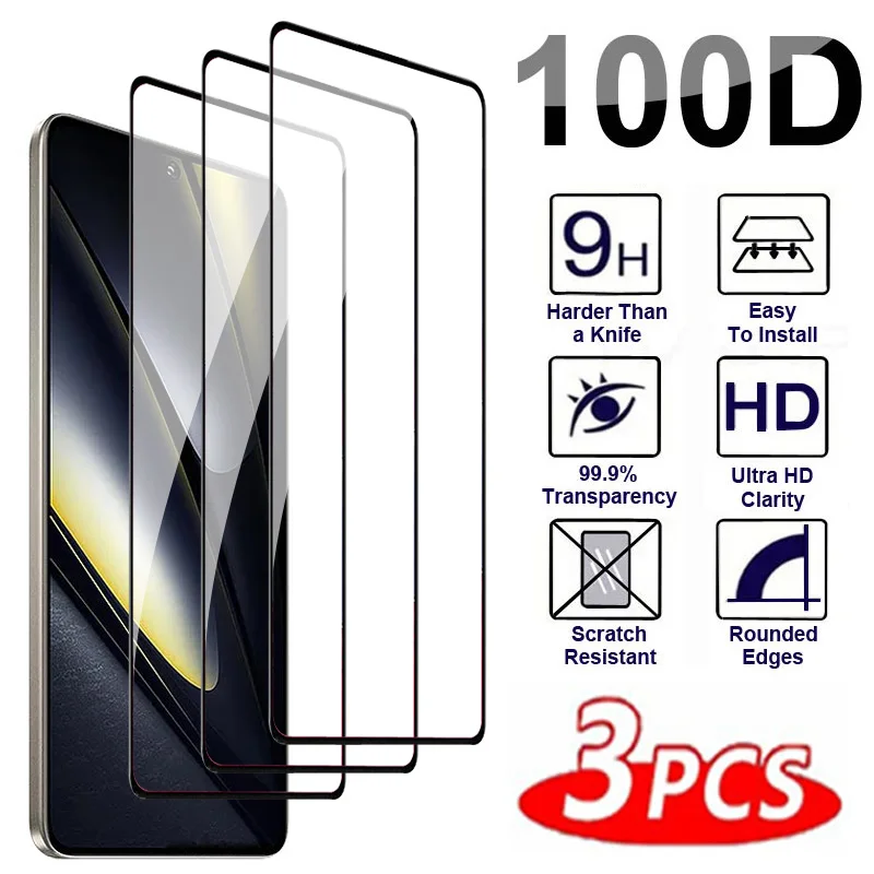 3Pcs 100D Full Tempered Glass For POCO X3 NFC X4 X5 X6 Pro Screen Protector For poco F3 F4 GT F5 F6 M4 M6 4G 5G Protective Film