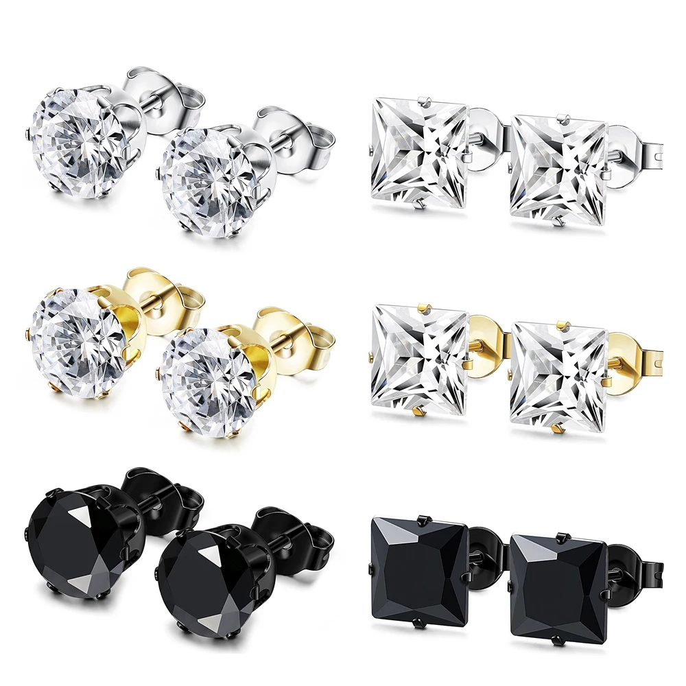 1 Pair Stainless Steel Silver Gold Black Round Square Inlaid Cubic Zirconia Stud Earrings Set for Men Women 3-8MM