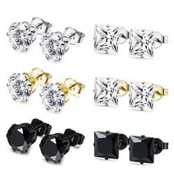 1 Pair Stainless Steel Silver Gold Black Round Square Inlaid Cubic Zirconia Stud Earrings Set for Men Women 3-8MM