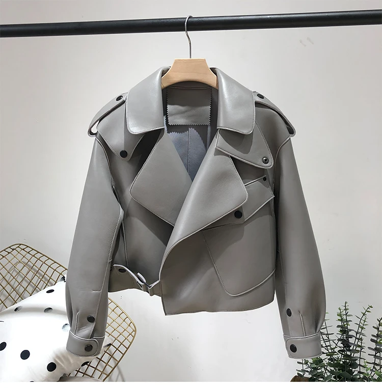 Kurtka skórzana damska ze skóry naturalnej, skóra owcza, luźny krój, casual, nowa kolekcja wiosna-jesień 2025.