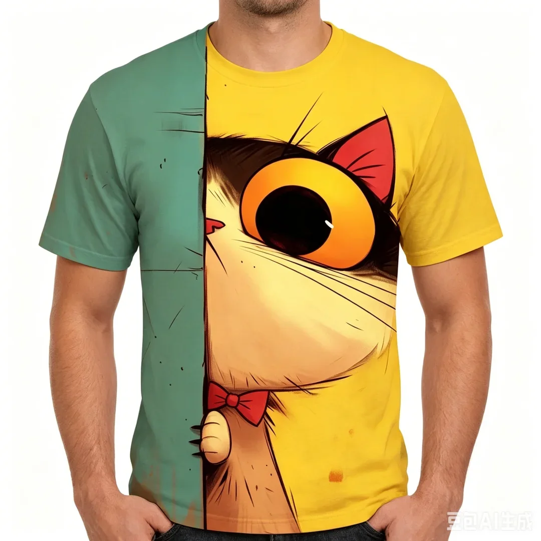 3D Cartoon Cat Print Crew Neck Men's T-shirt Funny Spliced Desiged Tops Summer Casual Short Sleeve Cute Tees