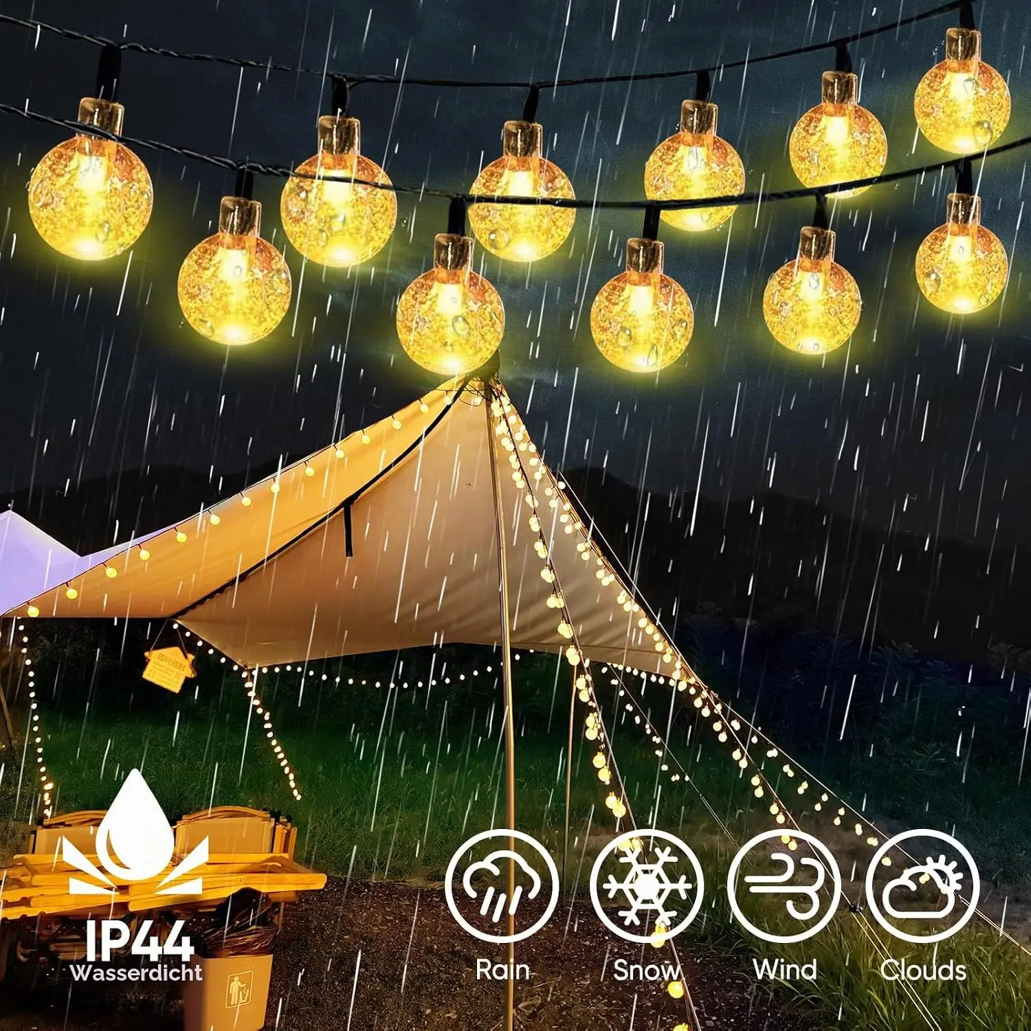 Salcar, luces solares de exterior de 10 metros con 5 metros de luces LED en forma de bolas de cristal, resistente al agua (IP44), 8 modos de iluminación, ideal para decorar jardines, balcones y tiendas de campaña.