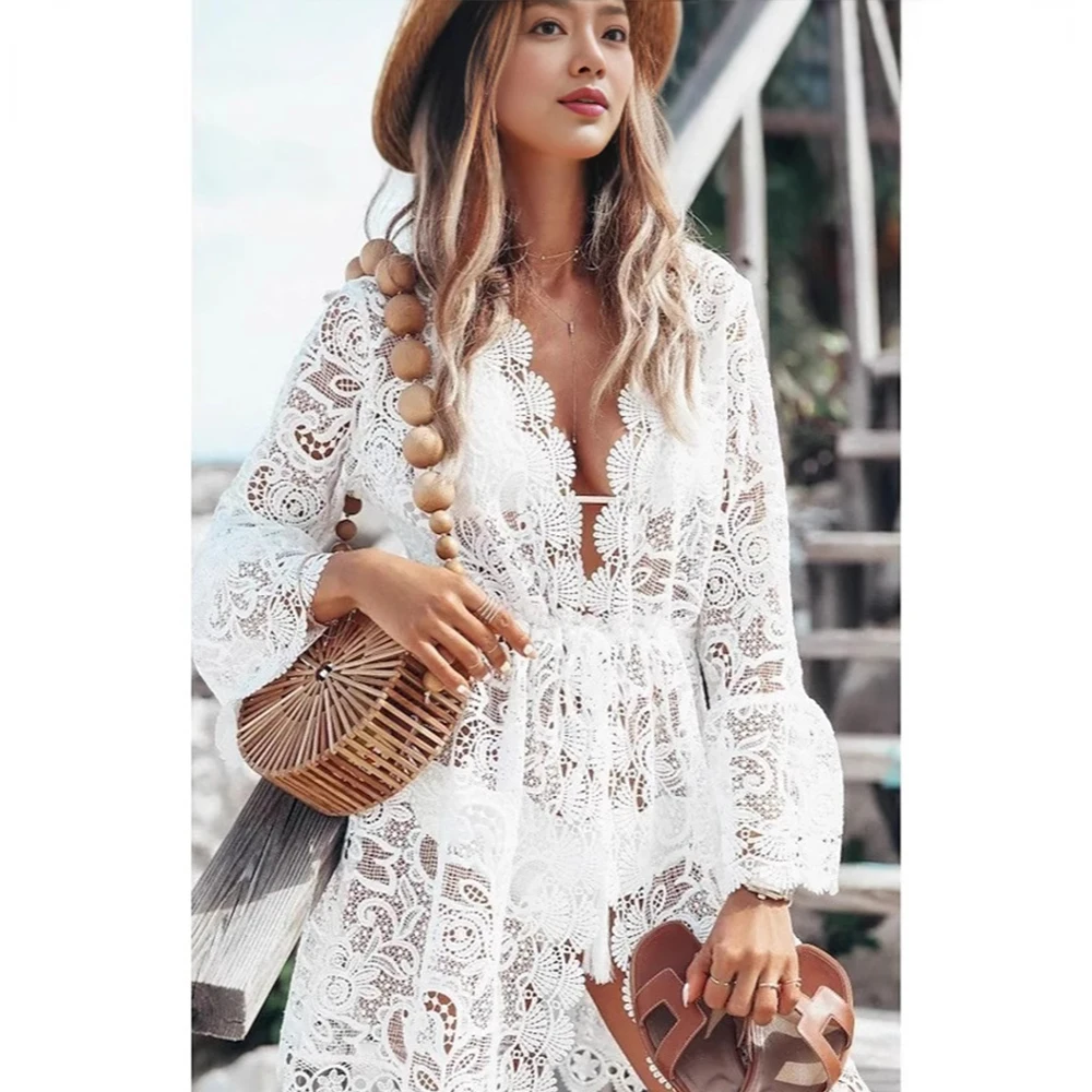 Summerhot Salewomen Sexy V-Neck Lace Beach Bikini Cover Up Female Boho Casual Party Holiday Beach Dress Sundress Cover Up Outfit
