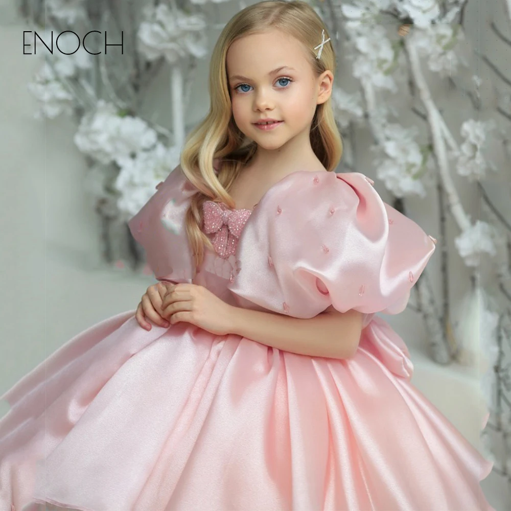 ENOCH Puffy Short Sleeves Flower Girl Dresses With Bow Kids Glitter Zipper Back Satin Knee Length Formal Gowns Robes Pour Enfant