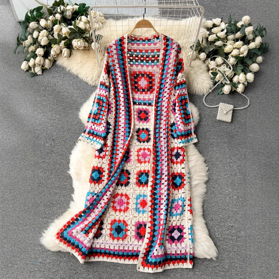 2026 New Womens Bohemian Maxi Cardigan Vintage Hollow Crochet Floral Knit Long Sleeve Coat Beach Vacation Street Outerwear