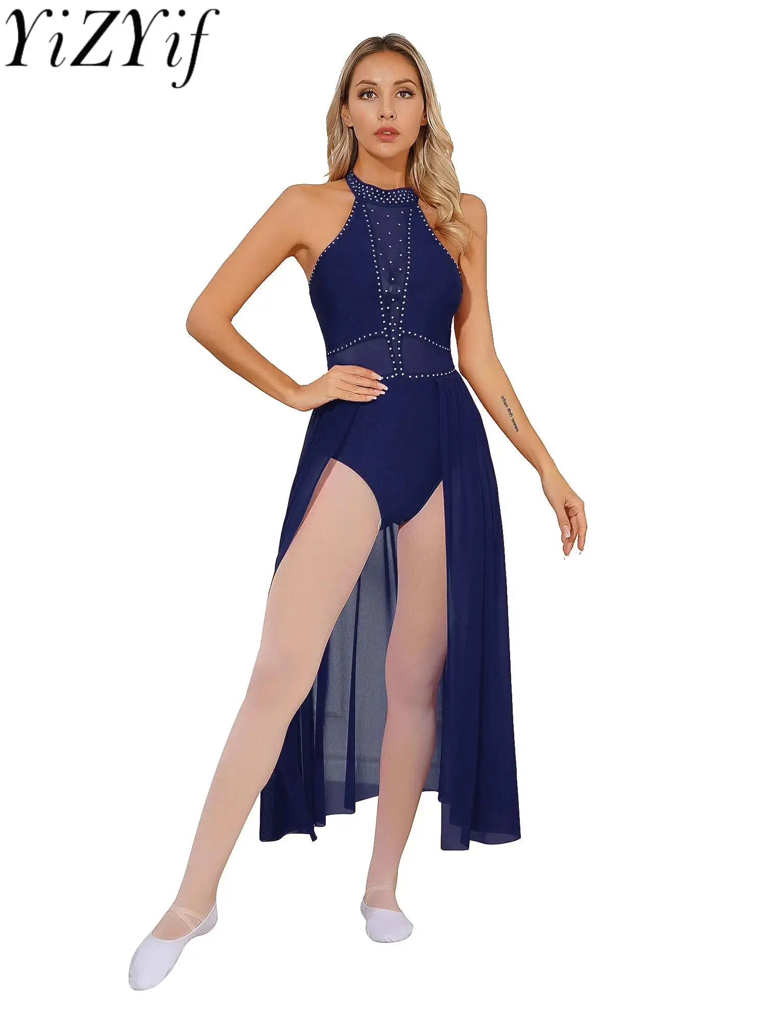 

Women's Modern Lyrical Dance Dress Ballet Rhinestones Gymnastics Leotard with Sheer Mesh Split Maxi Skirt Recital Show Dancewear