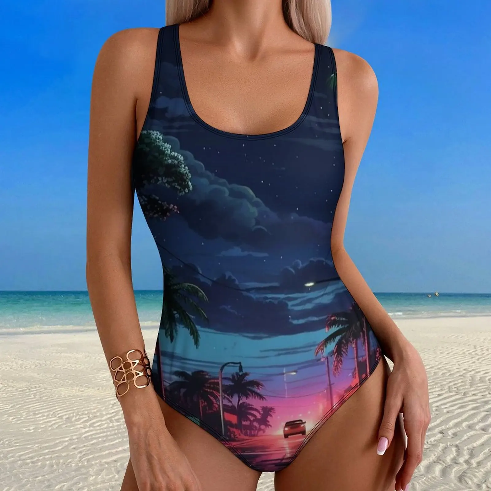 Retro Miami Blvd Print Swimsuit Sexy  One Piece Swimwear Push Up Swimsuits Fashion Holiday Swim Monokini