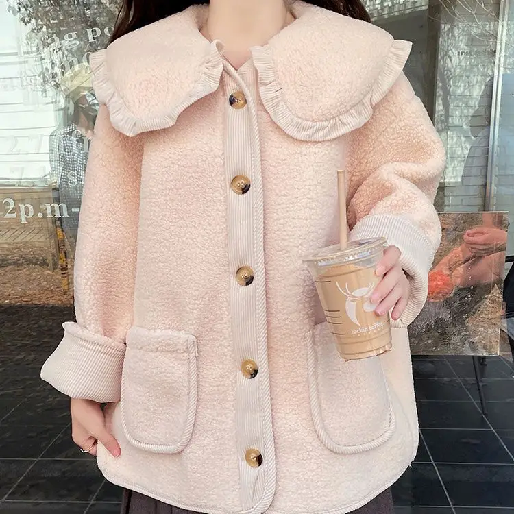 Extra large size winter velvet pink loose coat top doll collar lamb wool thickened cotton coat  coat women