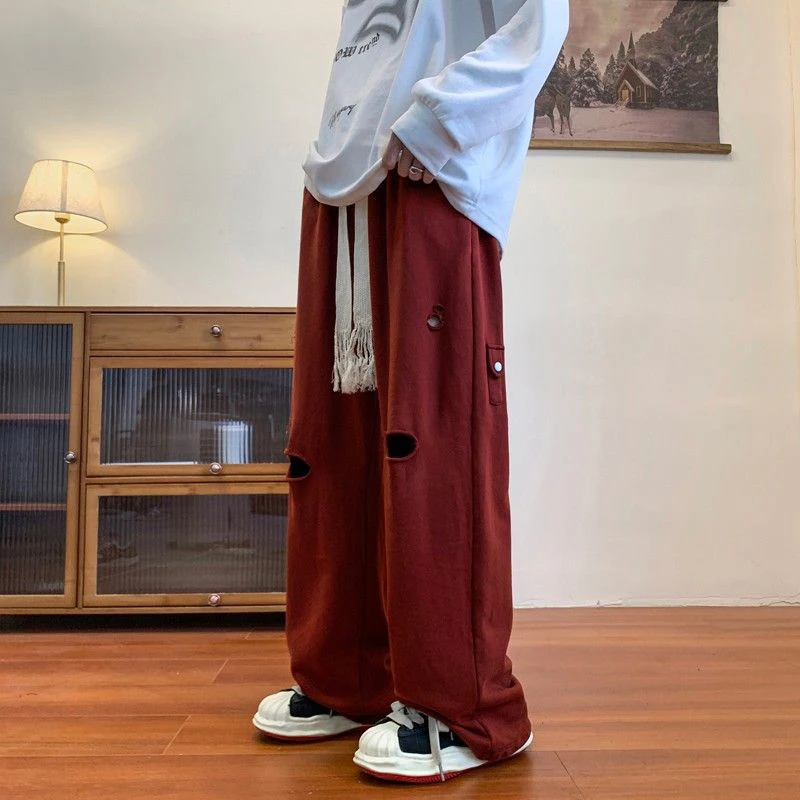 Autumn Winter Hipster Hip Hop Holes Straight Pants Male Harajuku Y2K Fashion All-match Loose Casual Trousers Men Solid Sweatpant