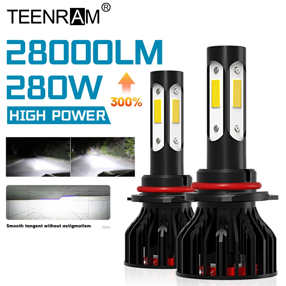 280W 4 Sides H4 H7 H11 LED Headlight Bulbs 28000LM Super Bright Car Lights 6000K White Turbo Auto Headlamps 12V 24V Front Lamps