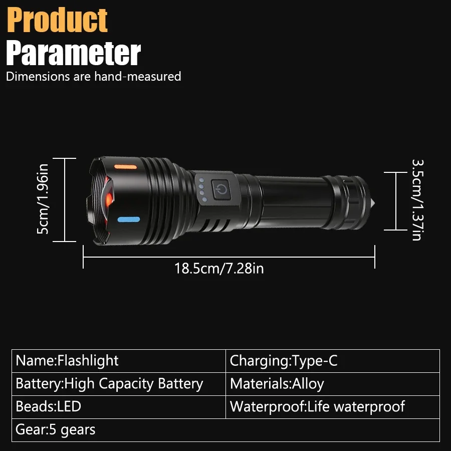 High Lumen Tactical Flashlight,Zoomable Spotlight,5 Lighting Modes,Type-C Rechargeable,Power Bank,Alloy,Outdoor Camping Fishing