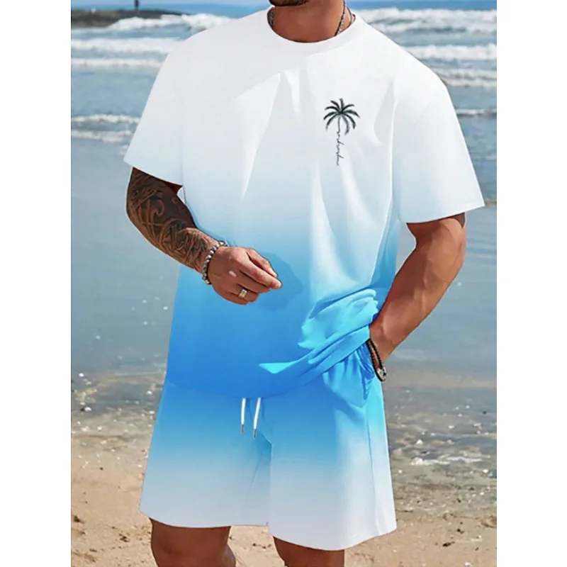New Gradient Color T-shirt Shorts 2-pcs Set Short Sleeve T-shirts Elastic Waist Shorts Set Pocket Hawaiian Men's Beach Swimsuit